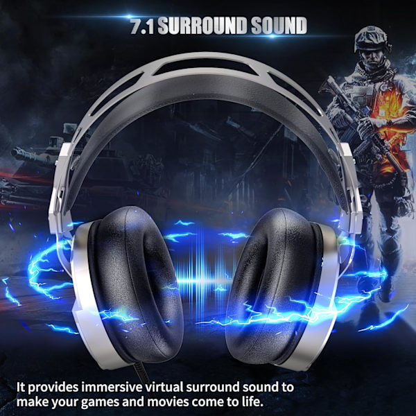 Gaming Headset - 3D Surround Sound-hovedtelefoner, justerbar støjreducerende mikrofon, LED-lys, Xbox One-headset med aluminiumsramme til Nintendo Switch, P