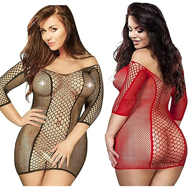 2 stk. Plus Size Kvinder Sømløs Net Chemise Sexet Lingeri Mesh Hul Fulde Længde Ærmer Babydoll