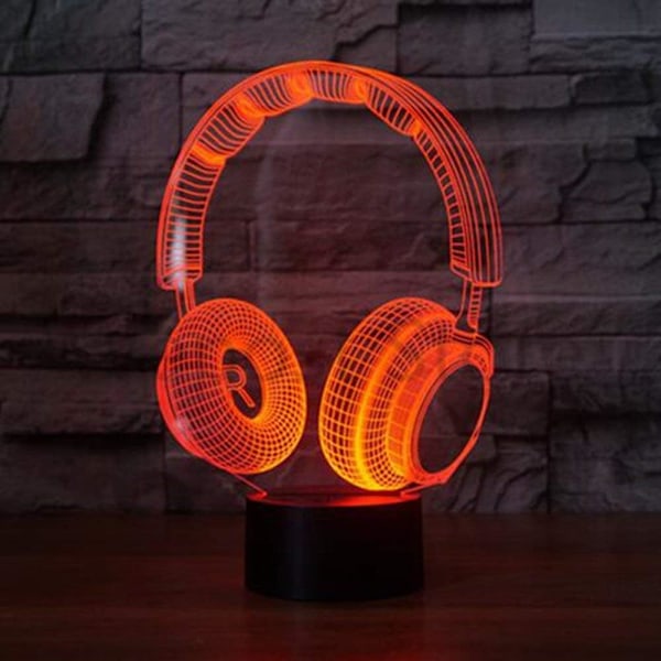 3D DJ Hovedtelefon Natlys LED Lampe Illusion 7 Farveskiftende Berøringskontakt Bordskrive Dekorationslamper Fødselsdagsgave USB Kabel Legetøj