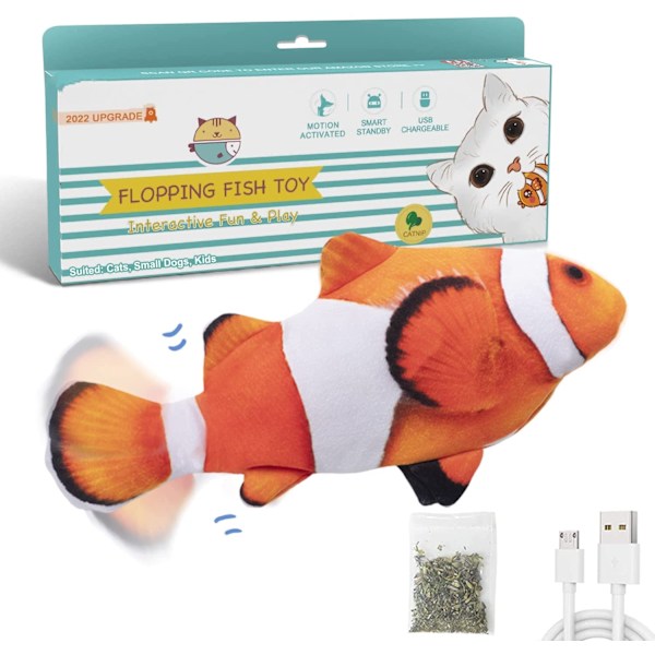 Floppande fisk 10,5\", Uppgraderad för 2022, Rörlig kattkickleksak, Floppy fiskdjurleksak för små hundar, Wiggle fisk kattmyntaleksaker, Motion Kitten,Clownfi