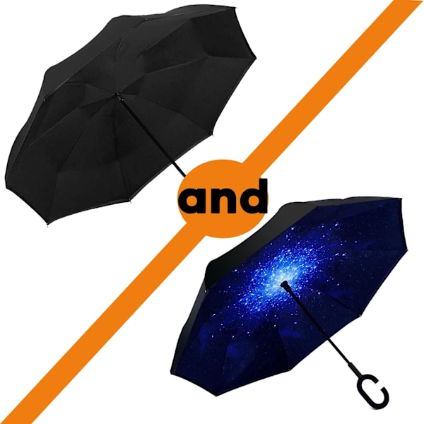49 tommers omvendt paraply med dobbel baldakin, ekstra stor, vindtett, vanntett paraply med C-formet håndtak. Black & Starry/ 2 Pack 49 Inch