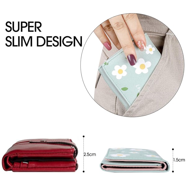 JUSTUP Söt smal damplånbok i läder, liten RFID-blockerande trifold plånbok för tjejer och damer med ID-fönster --- Grön