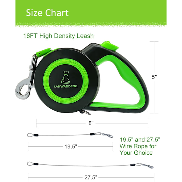 Heavy Duty Indtrækkelig Hundeline med 2 Tyggefaste Wire Reb, 16FT Lange Liner 360 Grader Knæfrie til 2 Hunde, Dobbelt Hundeline til Små/Mellemstore/Store Hunde Green L Large