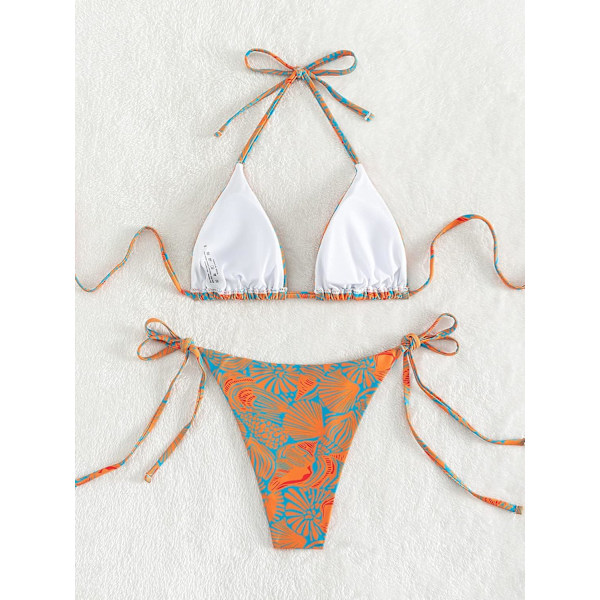 WJSM Dam Halter Tie Side Triangle Bikini Set Hög Skuren 2 Delad Bikini Baddräkt Allover Print M