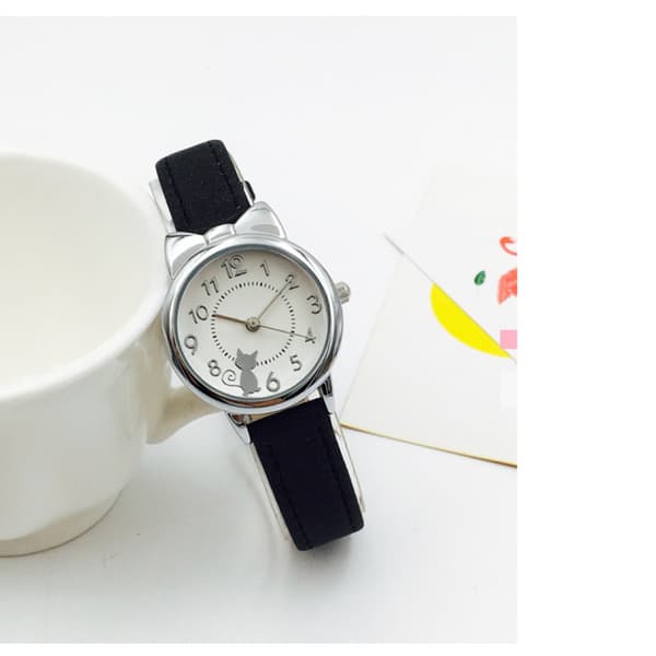 Pigeur Kat Multi-farvet Quartz Ure til Pige Armbåndsur Roset Ure Farverige Studenterure til Piger (Sølv-Sort)