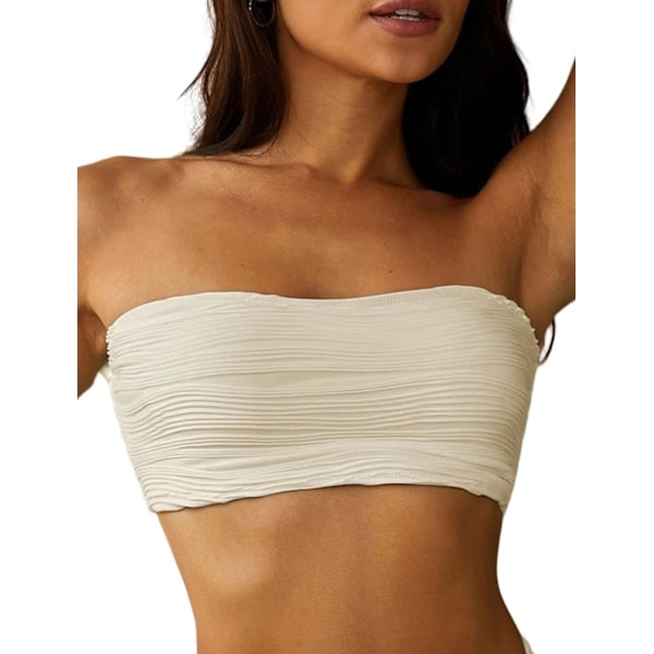 WJSMWomen 2-delat bandeau-baddräkter Ribbade spetsade upptill utan axelband Bandeau Bikini Set High Cut Baddräkter 5-top Only-2beige M