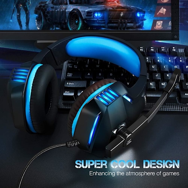 Gaming Headset til Xbox One, PS4, PC, Over Ear Gaming Hovedtelefoner med Støjreducerende Mikrofon LED Lys, Stereo Bas Surround, Bløde Memory Øremuffer til