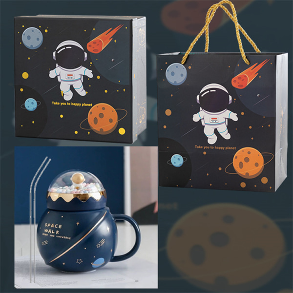 Söpö Astronaut Planet keraaminen muki kannella Suurikapasiteettinen muki Luova ja käytännöllinen lahja perheelle ja ystäville, hienolla lahjarasialla