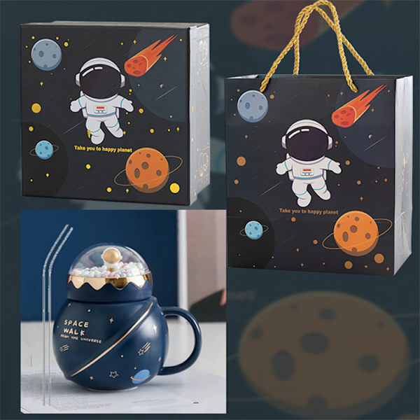 Suloinen astronautti planeetta keraaminen muki kannella, suuri kapasiteetti, luova ja käytännöllinen lahja perheelle ja ystäville, hienolla lahjapakkauksella