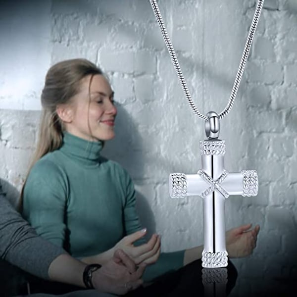 AVEKI Reb Winding Cross Cremation Ashes Urn Pendant Halskæde Minde Keepsake Smykker Herrens Bøn Cross Ashes Halskæder, Sølv