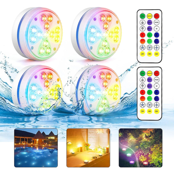 Upotettavat led-altaan valot kaukosäätimellä - RGB-väriä vaihtavat allasvalot magneeteilla ja imukupeilla, IP68 vedenpitävä akkukäyttöinen vedenalainen valo