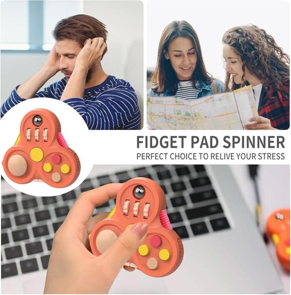 Triangulär Fidget Pad Controller för vuxna och barn, sensorisk stressavlastningsleksak med klickare, reglage och snurra, ADHD- och autism-fidget orange