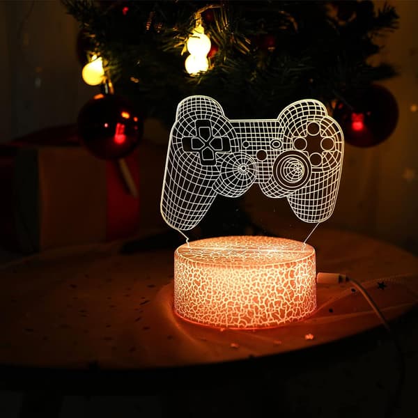Gamepad 3D Illusionslampe, 3D nattlys for gutter med fjernkontroll USB-kabel fargeendrende lys for seng stue spillrom