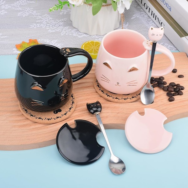 Pink Keramik Kaffeekop med Sød Kat Håndlavet Tekop med Rustfrit Stål Ske Kitty Kop Unik Fødselsdag til Piger Kvinder