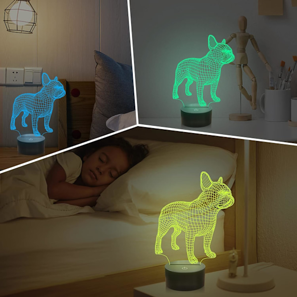 3D Fransk Bulldog Nattlampa, 16 Färger Växlande Optisk Illusionlampa med Fjärrkontroll Födelsedag Jul Alla Hjärtans Dag Present Idé för Småbarn Pojkar Flickor