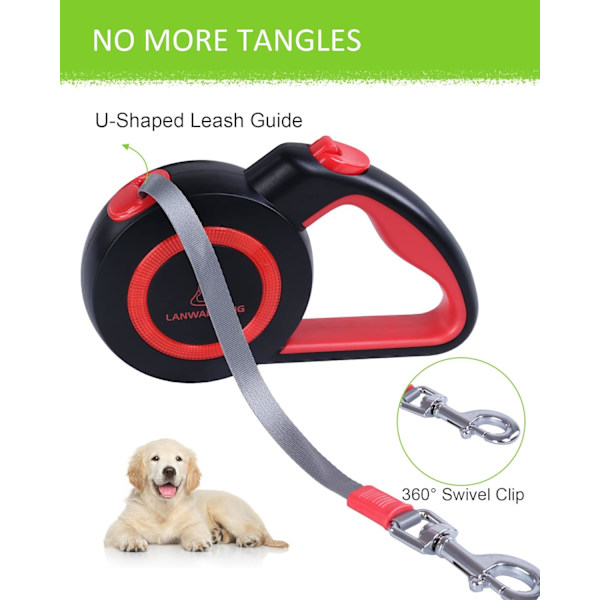 Bidsikre trækbar hundeline med 2 kraftige tyggefaste stålwirer, 16FT liner 360° knudrefri til 2 hunde, dobbelt hundeline til små/mellemstore/ Red M Medium