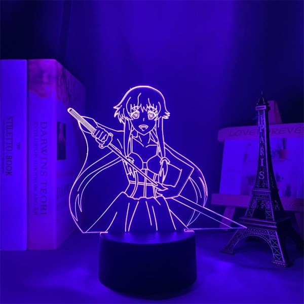 3D Lampe Anime Future Diary Yuno Gasai Figur Nattelys Berøring/Fjernkontroll 16 Fargeendringer LED Illusionslys Soveromsdekor Manga USB Bordlampe