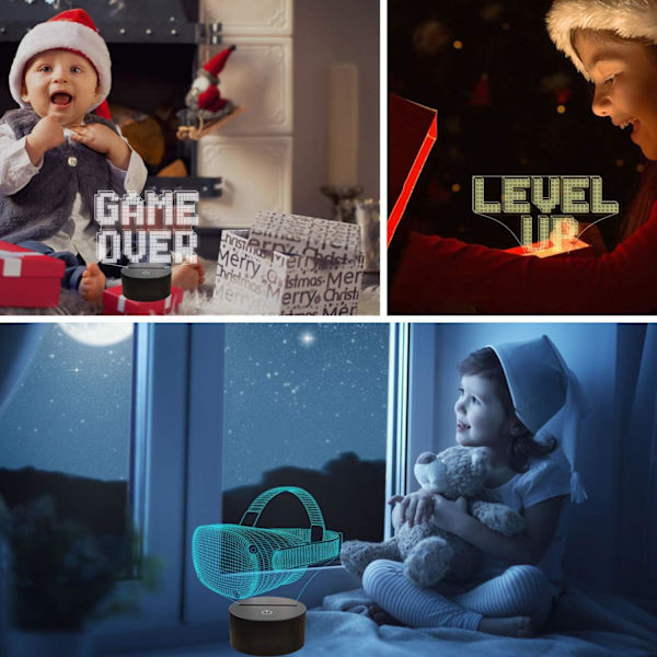 3D Spelkontrolllampa Nattlampa 3D Illusionlampa för Barn, Game Over, Level up, VR, Spelkontroll, 16 Färger som Skiftar med Fjärrkontroll, Dimbar (4 Mönster) Barnsäng