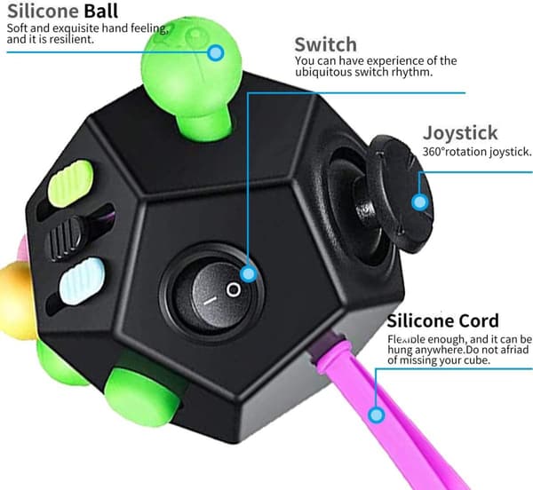 12-sidet Fidget Cube, Multifunktionelt Sanse-Fidgetlegetøj til Børn og Voksne, Stress- og Angstdæmpende Cube til ADD, ADHD, OCD, Autisme, black