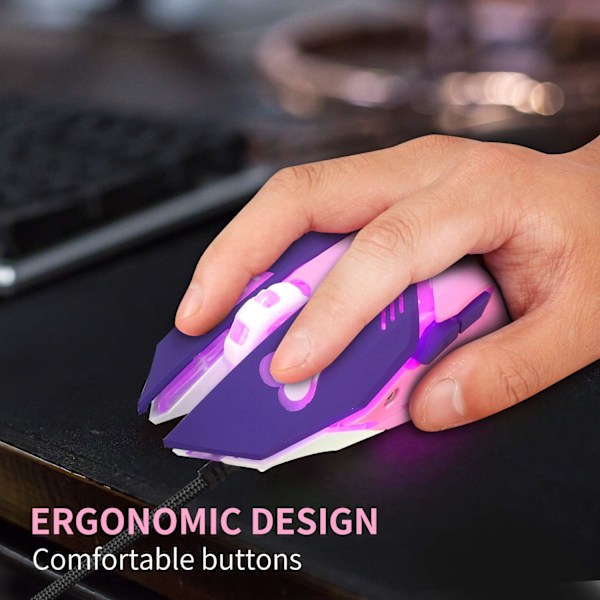 Spilmus, Pink Baggrundsbelyst Optisk Spilmus Ergonomisk USB Kabelforbundet med 2400 DPI og 6 Knapper 4 Skydning til Computer/Win/Mac/Linux/Andriod/iOS(Lilla)