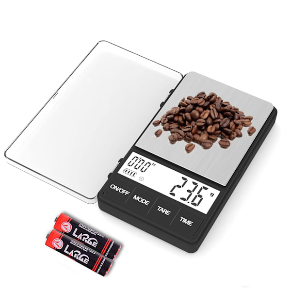 SMEspresso-vekt med timer 1000 g x 0,1 g Liten og tynn reisekaffev vekt, Mini digital vekt gram og unser med stor bakgrunnsbelyst LCD rustfritt stål