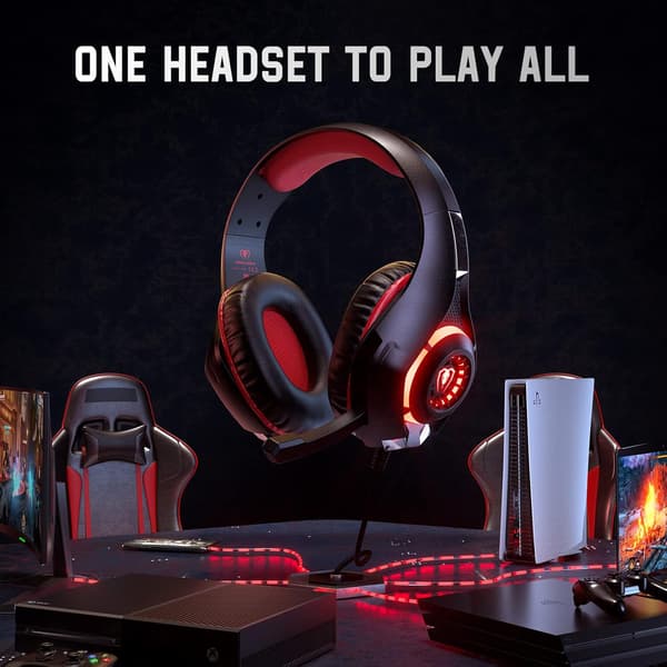 Gaming Headset til PS4 PS5 Xbox One Switch PC med støjreducerende mikrofon, dyb bas stereolyd (sort rød)-1 Black Red