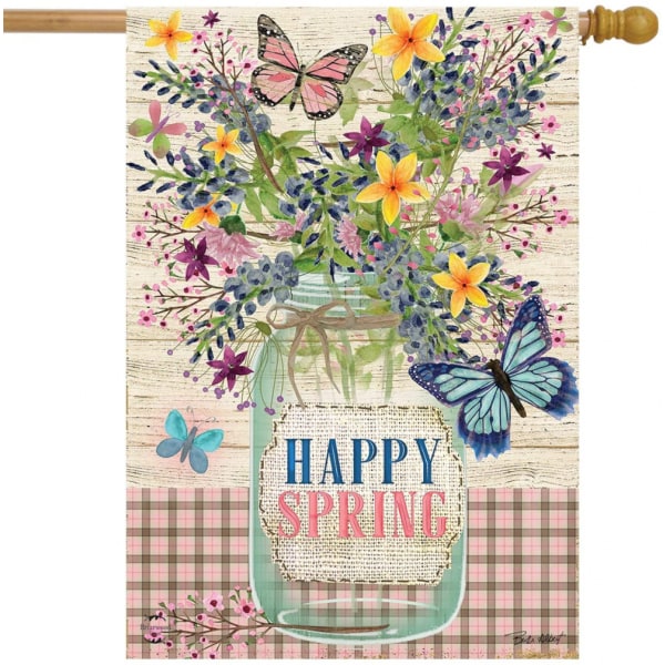 SAYTAY Happy Spring Mason Jar Floral House Flag Primitive 28\" x 40\"