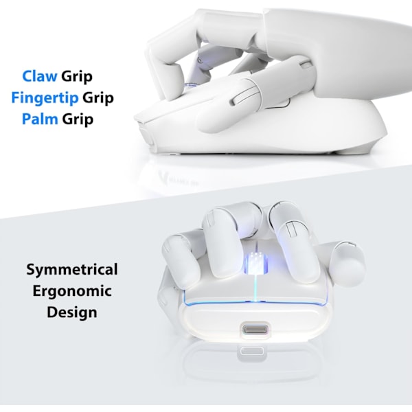 Trådløs Spillmus med Tre Moduser BT 5.1/2.4Ghz/USB-C, Lett 49g, PAW3212 Optisk Sensor, Oppladbar Batteri, RGB LED Honningkake Mus White