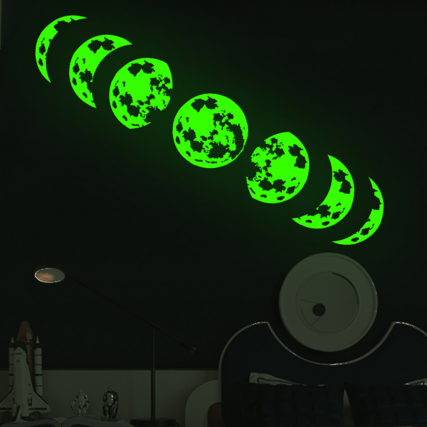 Ljusande rymdplanet Månfaser Väggdekal Glow in The Dark Dekaler för tak Avtagbar vinylväggdekor för barn Pojkar Flickor Sovrum