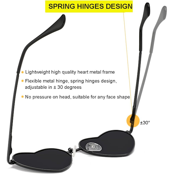 Polariserte hjerteformede solbriller for kvinner, mote, søt stil, metallramme, UV400-beskyttelseslinse Black Grey 54 Millimeters