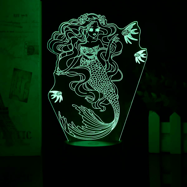 Anime Havfrue Figur 7/16 Farve Fjernbetjening Berøringskontakt Natlys 3D Illusion Lampe til Soveværelses Dekoration USB Lys Julegave (Sort Base)