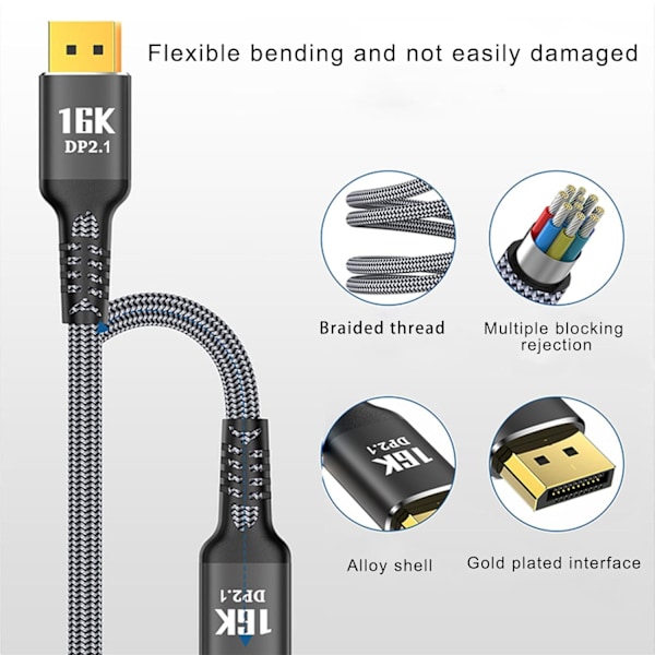 2m-DisplayPort 2.1 16K@30Hz 10K@60Hz Displaykabel til professionel gaming og videoredigering Stærk kompatibilitet