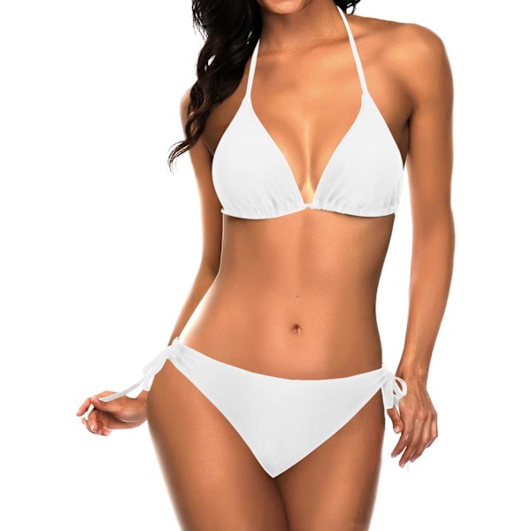 WJSM Kvinde Trekantet Bikini Sæt Halter Todelt Sexet Badetøj String Bånd Side Badetøj White S