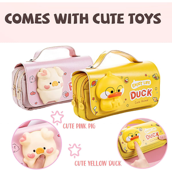 Pencil Case, Sød Gul And Pencil Pung, Bærbar med Håndtag, 3 Rum Lærred Kawaii/Lynlås/Multifunktionel Pencil Case til Drenge og Piger