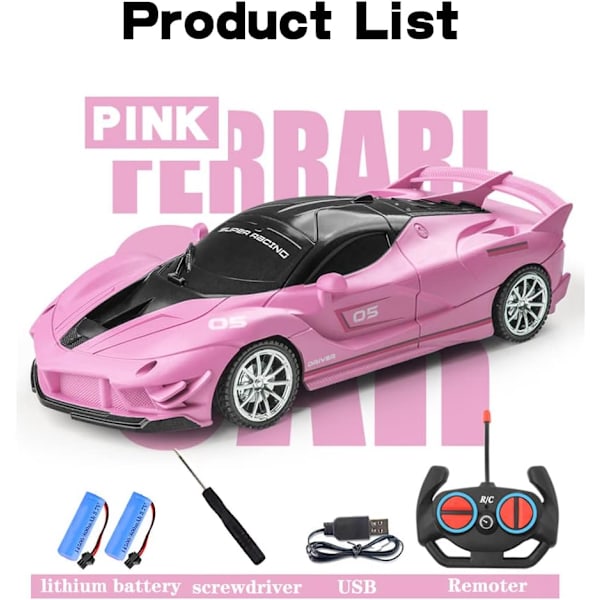 Fjärrstyrd bil, rosa RC-bilar för flickor, uppladdningsbar RC-racing, elektrisk kraft på väg höghastighetsdriftmodellfordonsleksak med LED-strålkastare