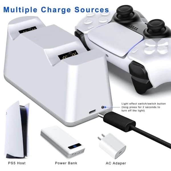 PS5 Ladestation, PS5 Controller Ladestation med Justerbart Lys, Hurtig Ladestation til Playstation 5 Controller, SD