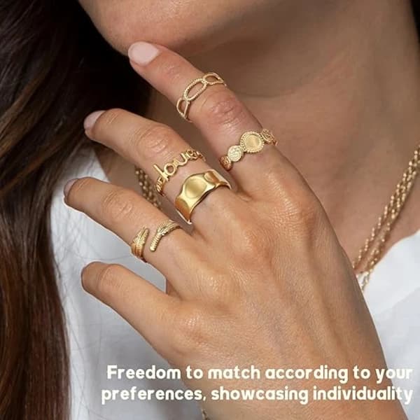 18K gullbelagte ringer for kvinner, statementringer i rustfritt stål, stablebare boho midi-ringer, justerbare åpne, SD