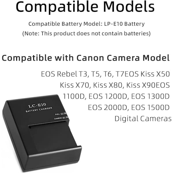 Oplader til Canon EOS 1100D, 1200D, 1500D, 3000D, X50 LC-E10/LP-E10 batterier,AB