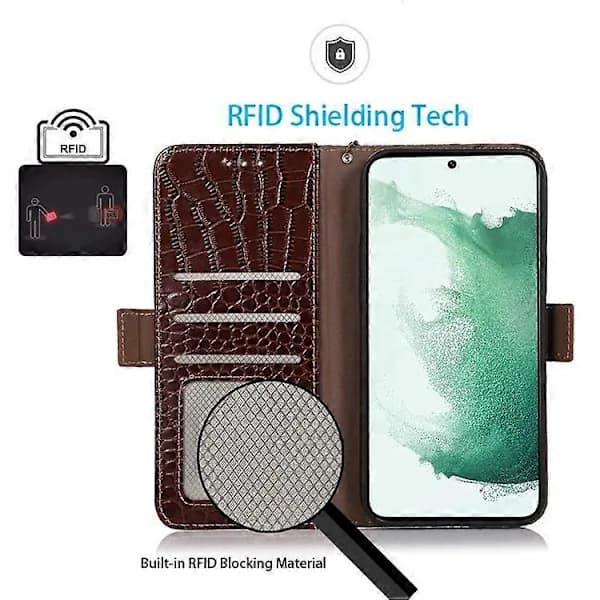 Kompatibel med Samsung Galaxy S21 FE 5G RFID Äkta Läder Plånboksfodral, Krokodiltextur, Vikbart Ställ Brun, SD