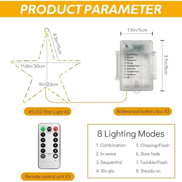 Christmas Window Lights, 3 Pack Battery Operated 66 LED Star-shaped Window Hanging Lights with 8 Lighting Modes & Remote Control