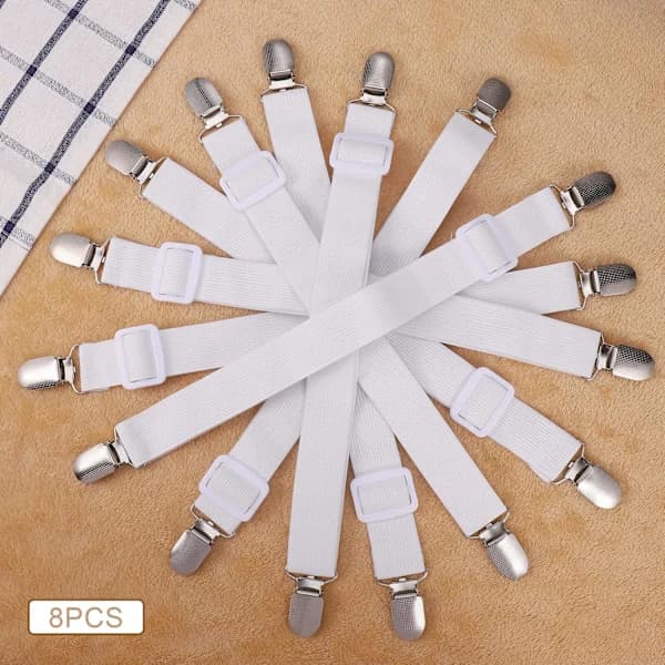 A sheet clip, adjustable sheet securing strap, highly elastic sheet clip with tow hook, maximum stretch length 120 cm, white.,AB