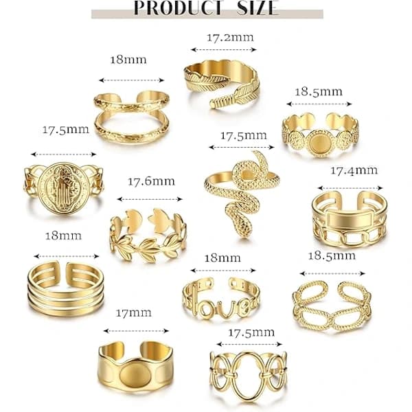 18K guldbelagte ringe til kvinder, statementringe i rustfrit stål, stabelbare boho midi-ringe, justerbare åbne, SD