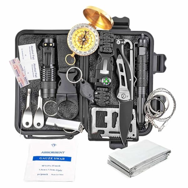18-piece survival kit - compass, lighter, knife, lamp etc. Black.,AB