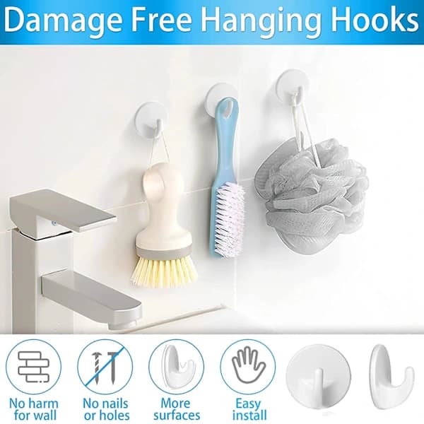 12 Pcs Plastic Self-Adhesive Hooks, Removable Wall Hooks, Self-Adhesive Hooks for Hanging Clothes, SEB