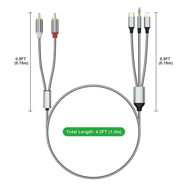 Lightning til RCA-kabel Audio Aux-adapter, RCA til 3,5 mm kabel USB-C til 2 RCA lydkabel, 3-i-1 lydkabel til bil, SEB