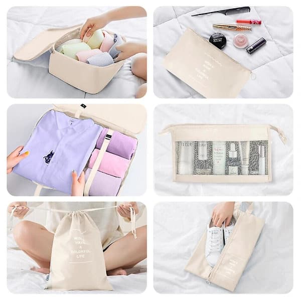 8-pack Organizer Set för Resväskor, Förvaringsväskor, Packningskuber, Resepåsar, Presenter Beige, SD