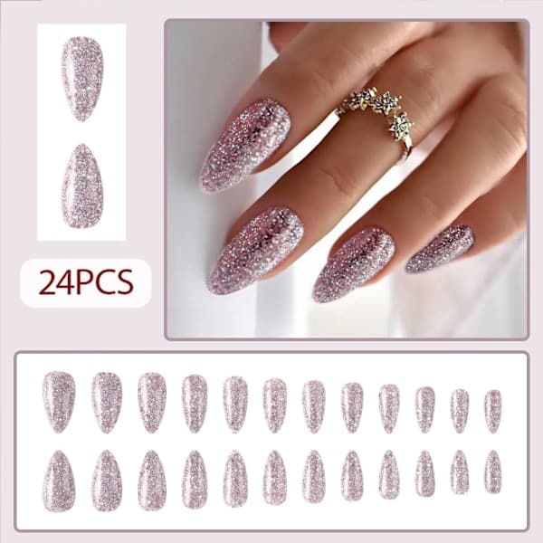 Glitter Press On Nails Medium Almond Shaped False Nails with Bling Glitter Nail Press Ons Design, Artificial Fake N,AB