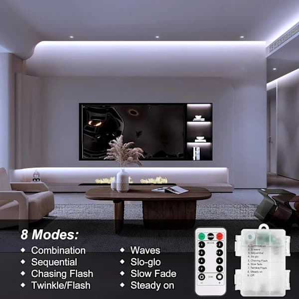 3m Batteridrevne LED-strips med Fjernkontroll, Vanntett, 8 Moduser, Dimbar, Timer, Selvklebende Klippbar (Kaldhvit),TH