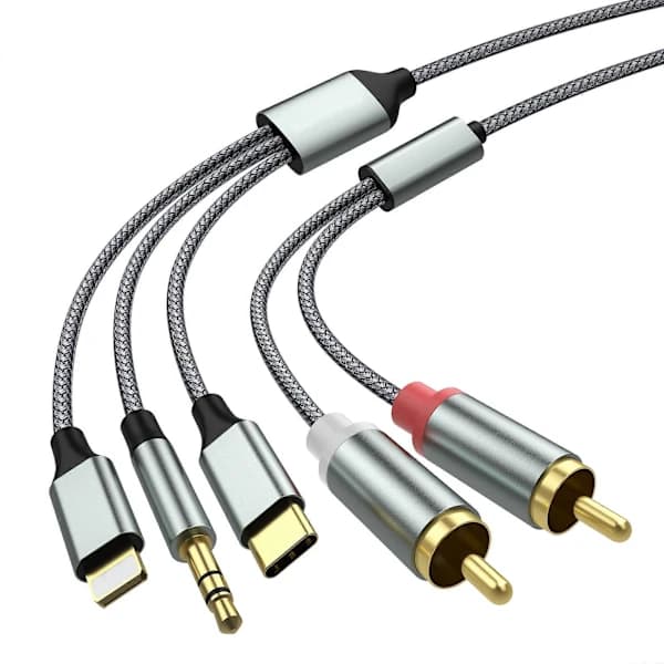 Lightning til RCA-kabel Audio Aux-adapter, RCA til 3,5 mm kabel USB-C til 2 RCA lydkabel, 3-i-1 lydkabel til bil, SEB