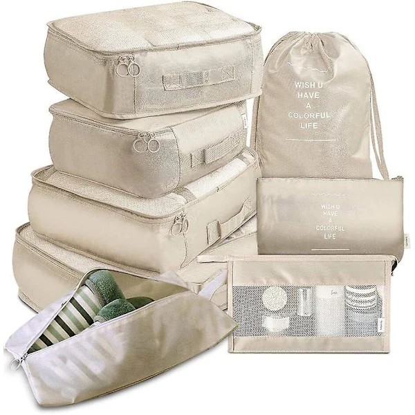 8-pack Organizer Set för Resväskor, Förvaringsväskor, Packningskuber, Resepåsar, Presenter Beige, SD